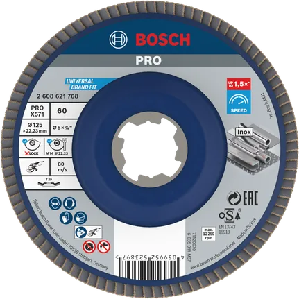 Disco flap Bosch PRO X571, 125 mm G60 X-Lock para metal.
