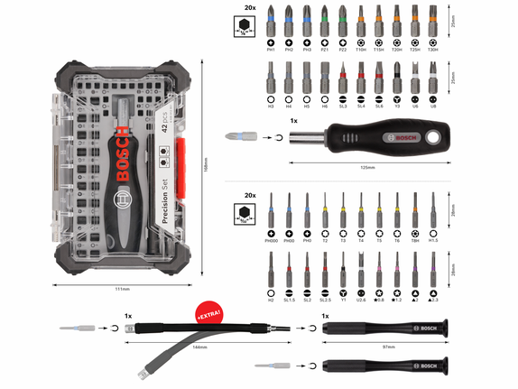 Conjunto de 43 pontas de chave de fendas de precisão Bosch com estojo.