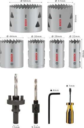 Conjunto de serras copo multimateriais Bosch PRO, 12 peças com tamanhos de 22 a 64 mm.