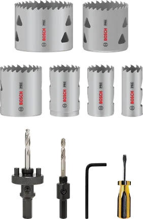 Conjunto de serras copo multimateriais Bosch PRO com 12 peças para vários diâmetros.