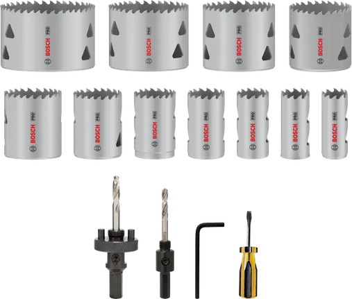 Conjunto de serras copo multimateriais Bosch PRO com 17 peças para corte.