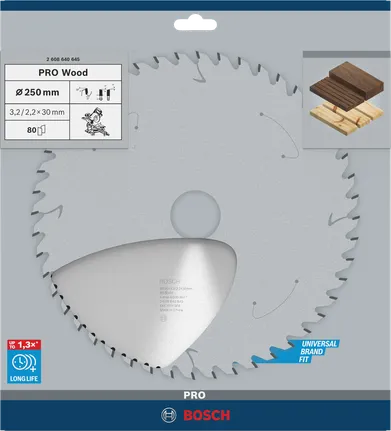 Lâmina de serra circular Bosch PRO Wood 250×3,2×30 mm T80.