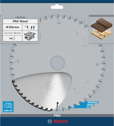 Lâmina de serra circular Bosch PRO Wood 250×3,2×30 mm T60.