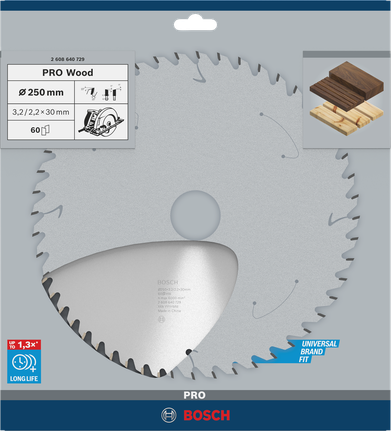 Lâmina de serra circular Bosch PRO Wood 250×3,2×30 mm T60.