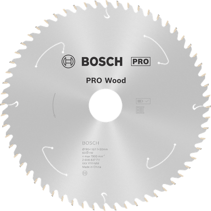 Lâmina de serra circular Bosch PRO Wood 190 mm T60 para serras sem fio.