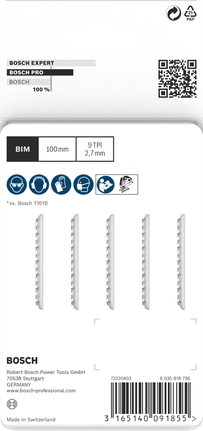 Lâminas de serra tico-tico Bosch PRO Hardwood Clean T101BF de 100 mm, embalagem de 5 unidades.