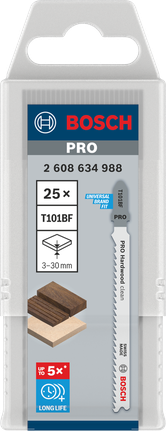 Lâminas de serra tico-tico Bosch PRO Hardwood Clean T101BF, embalagem de 25 unidades.