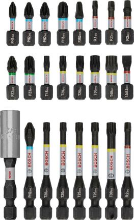 Conjunto de 24 pontas de chave de fendas de impacto Bosch PRO para uma fixação versátil.