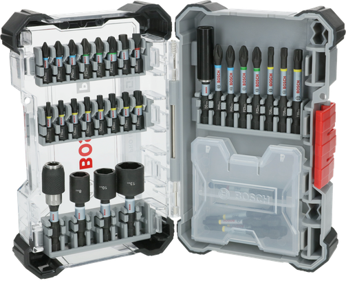 Conjunto de 33 pontas de chave de fendas de impacto Bosch PRO com codificação de cores.