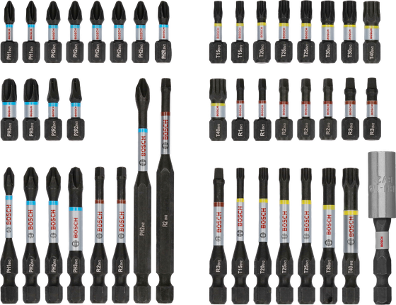 Conjunto de 44 pontas de chave de fendas de impacto Bosch PRO, codificadas por cores.