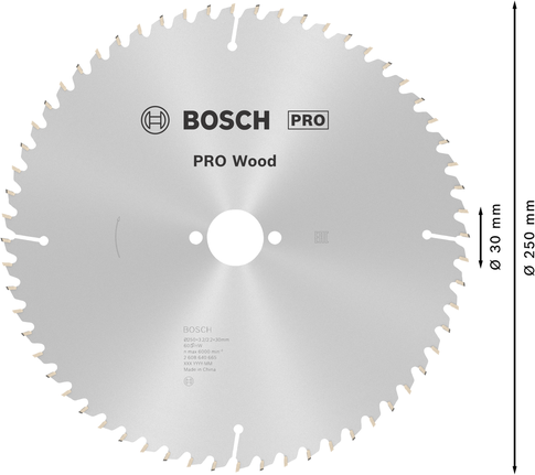 Lâmina de serra circular Bosch PRO Wood 250 mm T60 para cortes limpos.