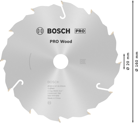 Lâmina de serra circular Bosch PRO Wood 160 mm 12T para cortes precisos.