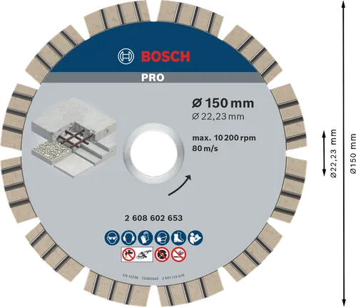 Disco diamantado Bosch PRO Concrete de 150 mm para um corte preciso de betão.