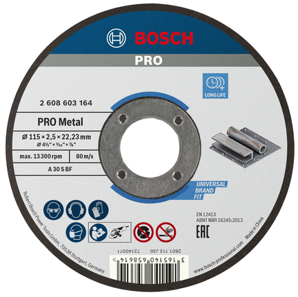 Disco de corte Bosch PRO com liga metálica, 115 x 2,5 x 22,23 mm.