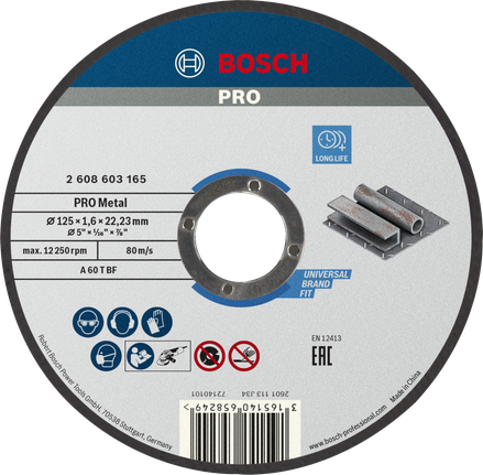 Disco de corte Bosch PRO com liga metálica, 125 x 1,6 x 22,23 mm.