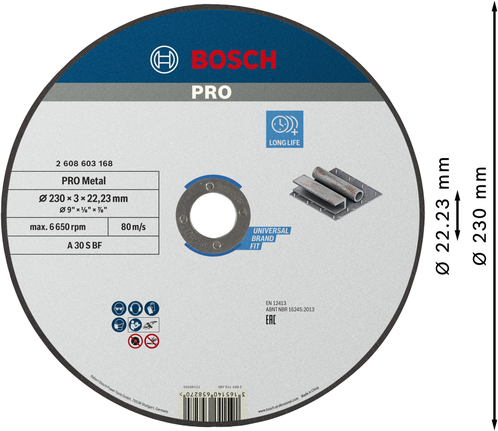 Disco de corte Bosch PRO com liga metálica 230x3x22,23 mm.