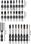 Conjunto de 24 pontas de chave de fendas de impacto Bosch PRO, codificadas por cores.