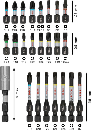 Conjunto de 24 pontas de chave de fendas de impacto Bosch PRO, codificadas por cores.