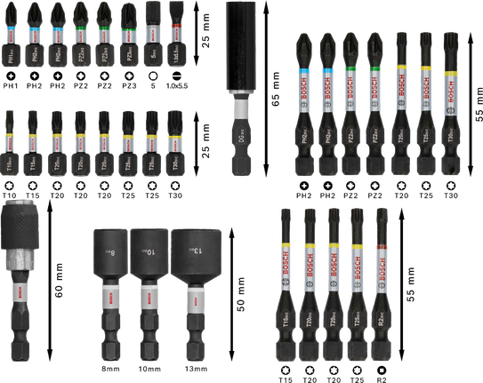 Conjunto de 33 pontas para chave de fendas de impacto Bosch PRO em tamanhos variados.