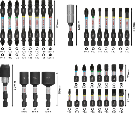Conjunto de 35 pontas de chave de fendas de impacto Bosch PRO, codificadas por cores.