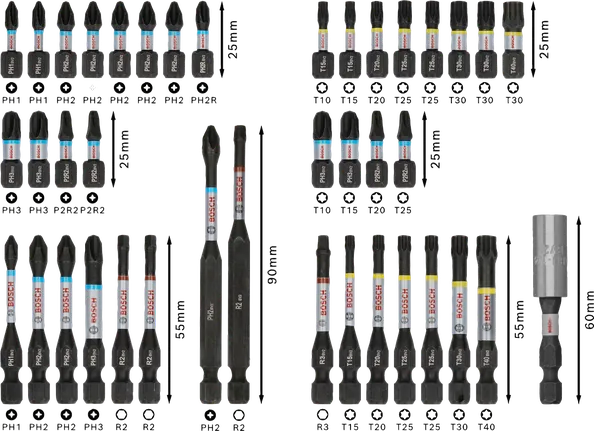 Conjunto de brocas para chave de fendas de impacto Bosch PRO com 44 peças de tamanhos variados.