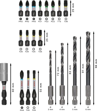 Conjunto de 20 brocas Bosch PRO Impact Metal com brocas e pontas de chave de fendas.