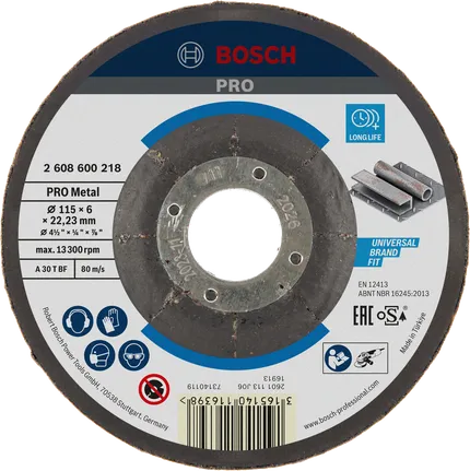 Disco de desbaste Bosch PRO com liga metálica, 115 x 6 mm, para metal.