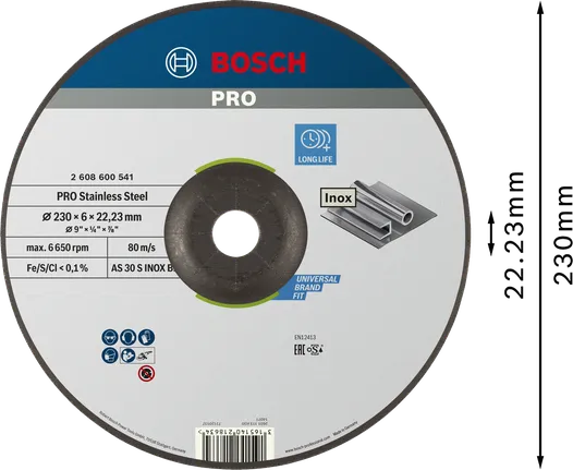 Disco de desbaste Bosch PRO em aço inoxidável, 230 mm.