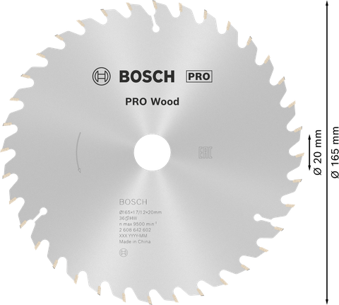 Lâmina de serra circular Bosch PRO Wood T36, com 165 mm de diâmetro.
