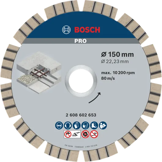 Disco diamantado Bosch PRO Concrete, 150 mm para corte de betão.