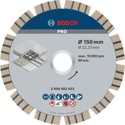 Disco diamantado Bosch PRO Concrete, 150 mm para corte de betão.