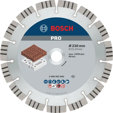 Disco diamantado abrasivo Bosch PRO 230 mm para corte de alvenaria.
