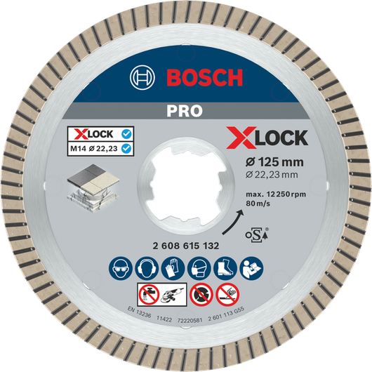 Disco diamantado Bosch PRO Ceramic X-Lock de 125 mm para corte de azulejos.