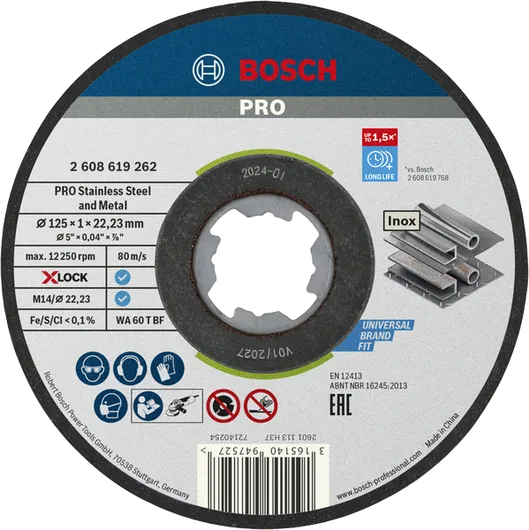 Disco de corte Bosch PRO X-LOCK para aço inoxidável e metal, 125 mm.