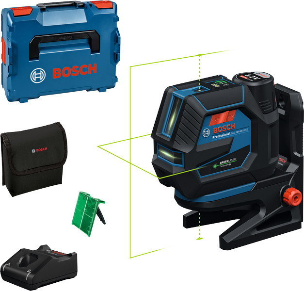 Ferramenta de nivelamento a laser Bosch GCL 12V-50 com estojo e acessórios.