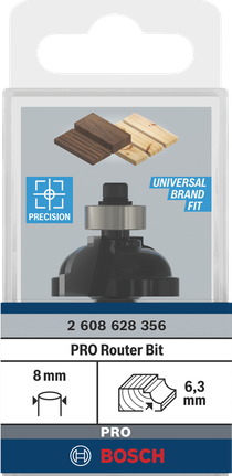 Broca de tupia Bosch PRO, haste de 8 mm e cobertura de 6,3 mm.