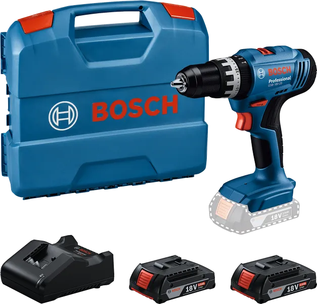 Conjunto de berbequim sem fio Bosch GSB 18V-25 com estojo e baterias.