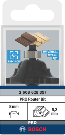 Broca de tupia Bosch PRO com ponta e esfera de 6,3 mm e haste de 8 mm.