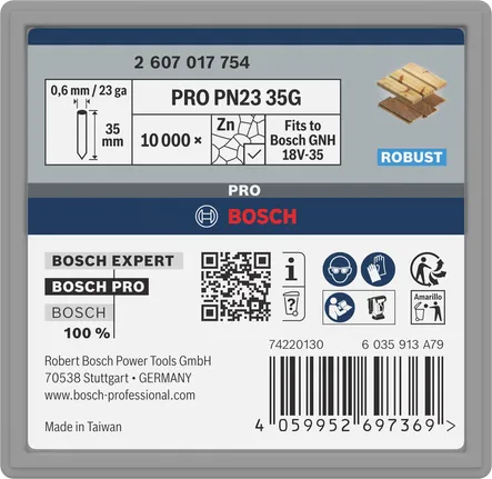 Embalagem com pinos galvanizados Bosch PRO PN23 35G de 35 mm.