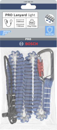 Cordão de segurança Bosch PRO com mosquetão, carga máxima de 6 kg.