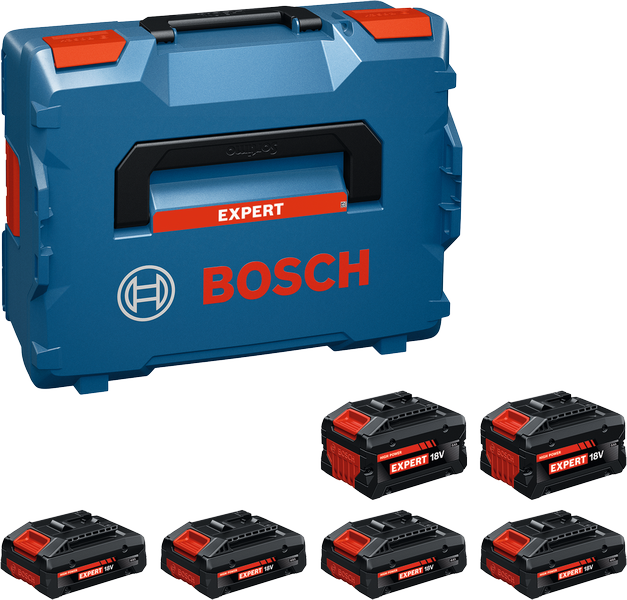 Conjunto de baterias Bosch com 4x EXBA18V-40 e 2x EXBA18V-80.