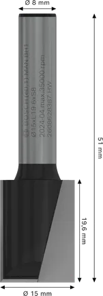 Broca reta Bosch PRO Router, 15 mm, dois sulcos, haste de 8 mm.