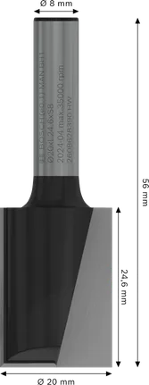 Broca reta Bosch PRO Router de 20 mm com duas ranhuras para haste de 8 mm.