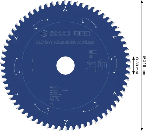 Disco de serra circular sem fio Bosch EXPERT em alumínio, com 216 mm de diâmetro.