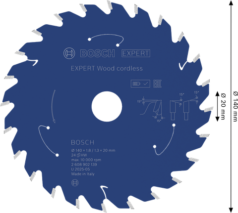 Lâmina de serra circular sem fio Bosch EXPERT Wood de 140 mm, com 24 dentes.