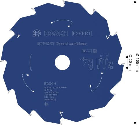 Disco de serra circular sem fio Bosch EXPERT Wood, com 165 mm de diâmetro.