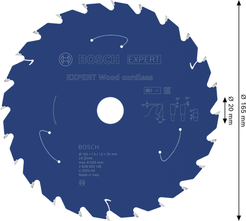 Lâmina de serra circular sem fio Bosch EXPERT Wood, 165 mm, 24 dentes.
