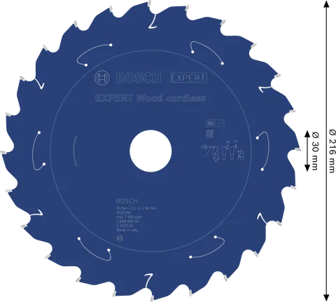 Disco de serra circular sem fio Bosch EXPERT Wood, com 216 mm de diâmetro.