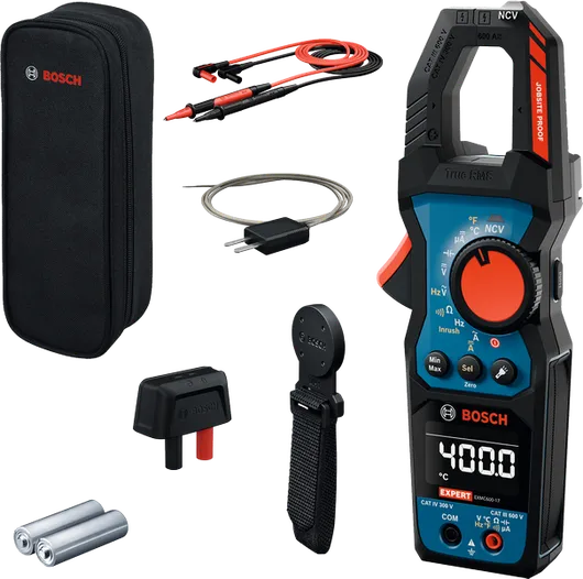 Conjunto de alicates amperímetro Bosch EXMC600-17 com acessórios.