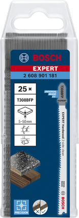 Lâminas de serra tico-tico Bosch EXPERT para madeira dura T308BFP, embalagem de 25 unidades.